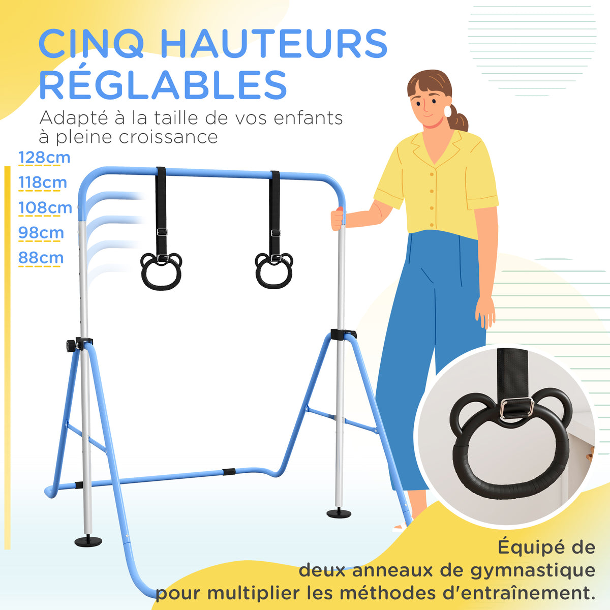 Barre de gymnastique pour enfants, barre horizontale pliable à hauteur réglable avec anneaux de gymnastique, bleu-3