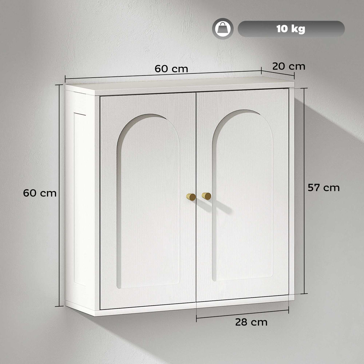 Armoire murale, meuble haut salle de bain moderne avec placard à double porte et poignées dorées, 60x20x60cm, blanc-2