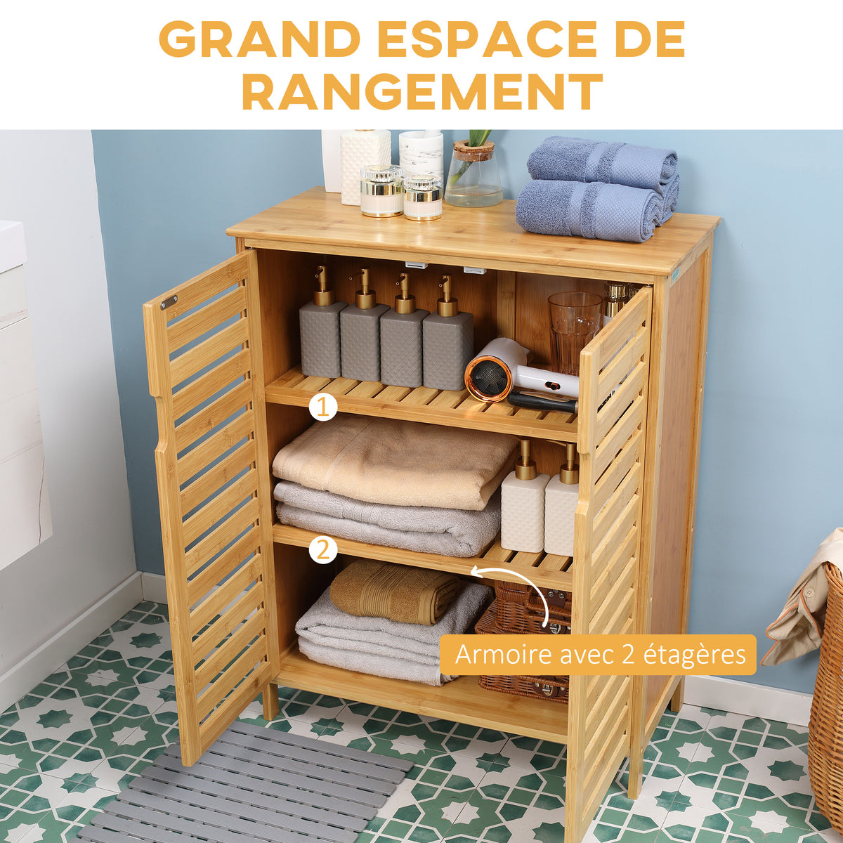 Meuble salle de bain en bambou armoire salle de bain sur pied avec double porte à lattes, 68 x 32 x 86 cm, naturel-3