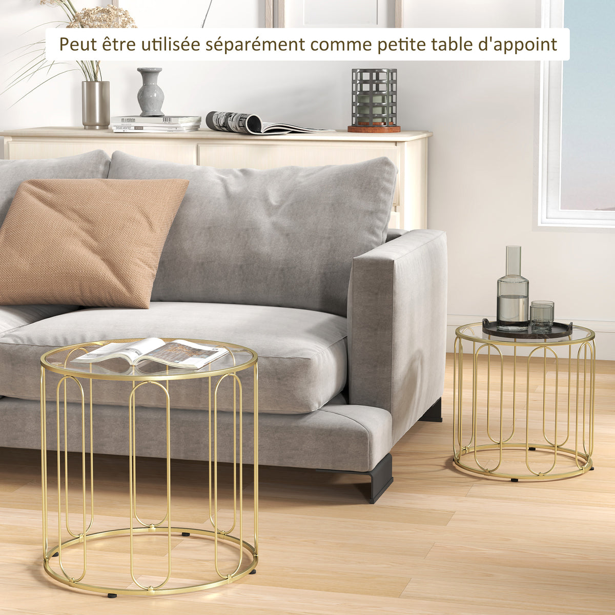 Lot de 2 tables basses gigognes rondes modernes avec cadre en métal et plateau en verre, ton doré-4