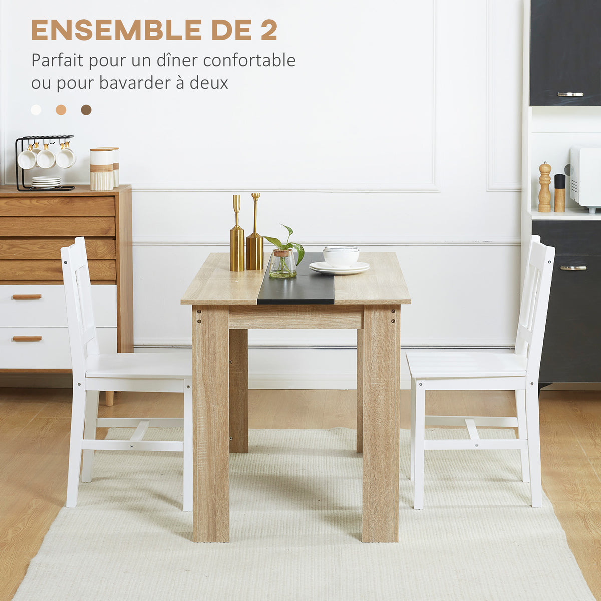 Lot de 2 chaises de salle à manger en bois massif chaise de cuisine dossier lattes esprit campagne blanc-3