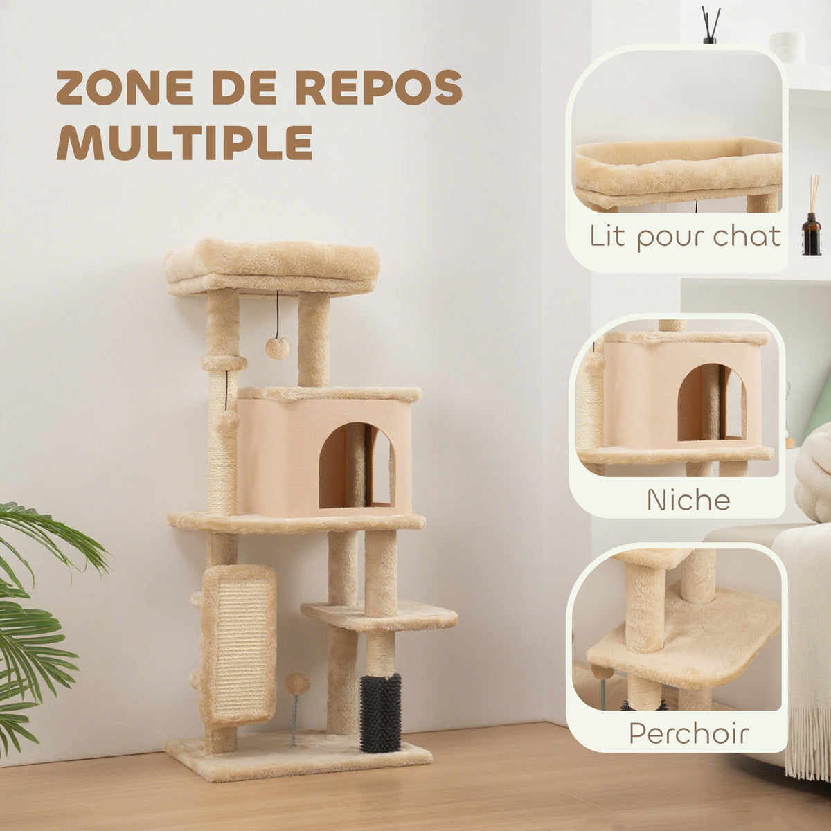 Arbre à chat, tour de jeux, hauteur de 132 cm, avec lit, maison, brosse de toilettage, 55 x 44 x 132 cm, beige-3