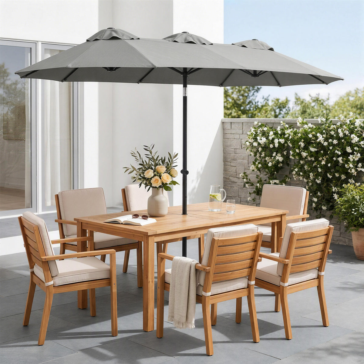 Parasol de Jardin Exterieur Inclinable 3 x 1,5 m, Parasol Double Rectangulaire avec Manivelle, Polyester 180 g/m², Gris-8