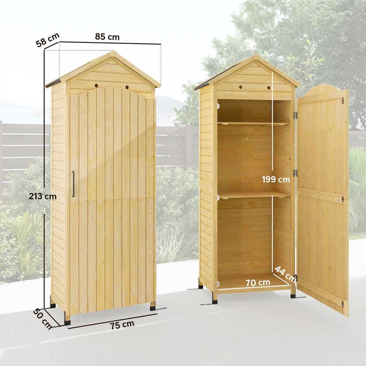 Armoire de Jardin en Bois Toit Acier Galvanisé Texture Gaufrée Étagères Réglables 85x58x213cm Bois Naturel-2