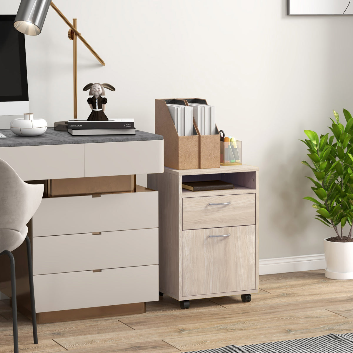 Caisson de bureau à roulettes avec tiroir placard et niche pour documents et dossier suspendu 40 x 35 x 60 cm chêne-1
