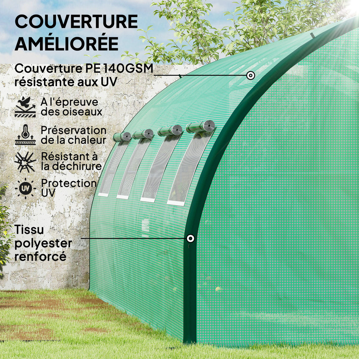 Serre de jardin tunnel serres tunnel 18 m² 8 fenêtres 2 portes articulées toile PE structure en fer galvanisé vert-3
