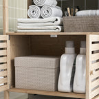 Colonne de salle de bain armoire de rangement en bambou 3 étagères 1 placard 63 x 30 x 138 cm bois naturel et blanc-8