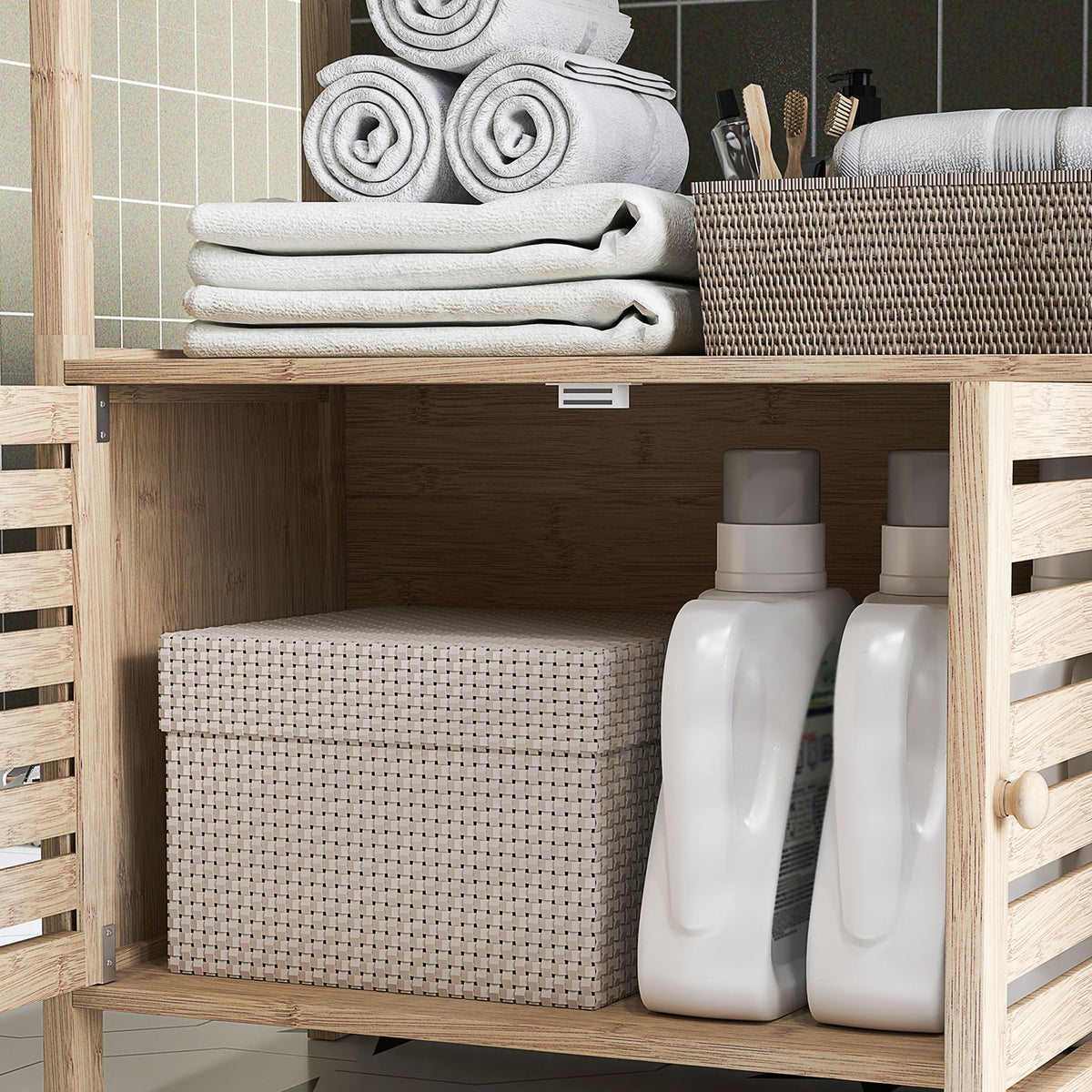 Colonne de salle de bain armoire de rangement en bambou 3 étagères 1 placard 63 x 30 x 138 cm bois naturel et blanc-8