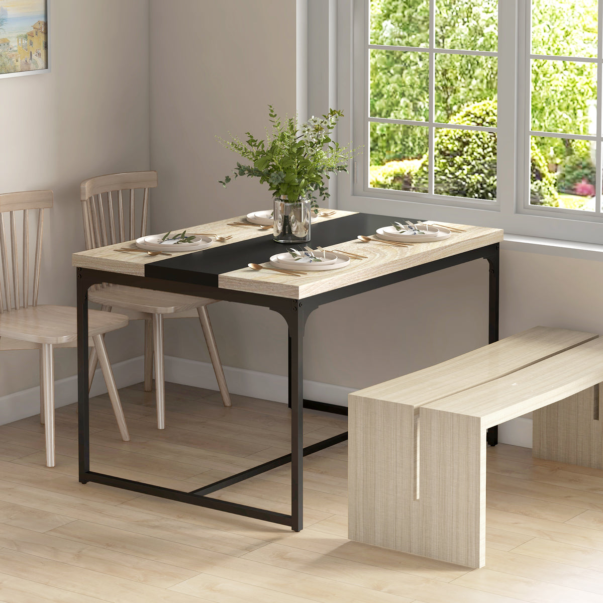 Table de salle à manger pour 6 personnes, style industriel en métal noir et bois, dim. 120L x 89l x 75,5H cm-6
