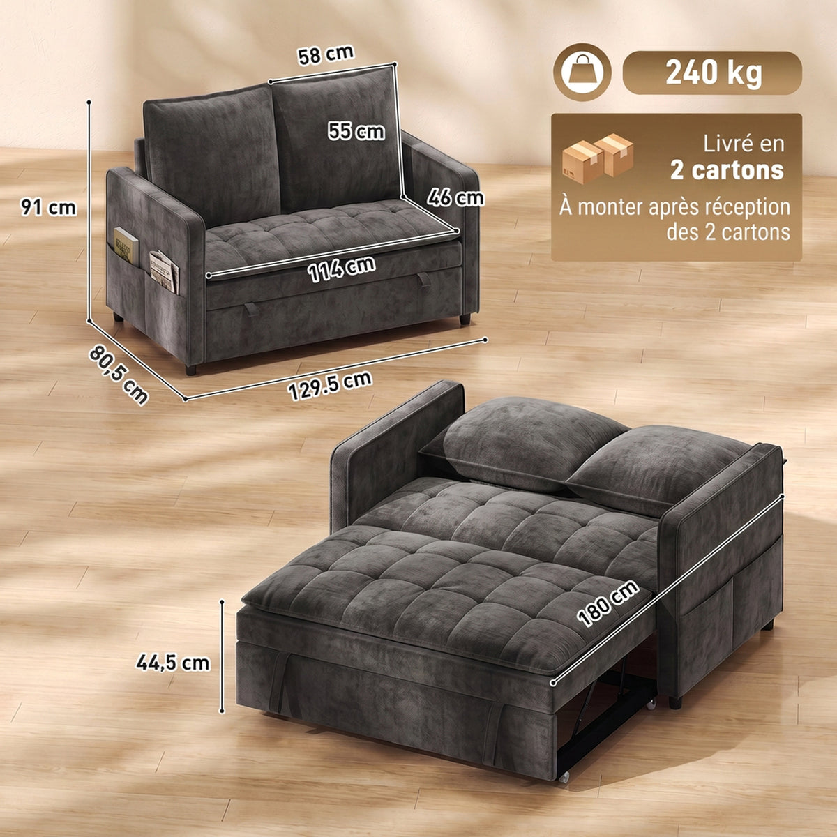 Canapé Convertible 2 Places, Canapé-Lit Clic-Clac 130 cm, Dossier Réglable, Poches Latérales, Gris Foncé-2