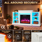 Cheminée Électrique Meuble TV Jusqu'à 65 Pouces avec 6 Étagères Effet Flamme 3D 12 Couleurs Ruban LED RGB Blanc-3