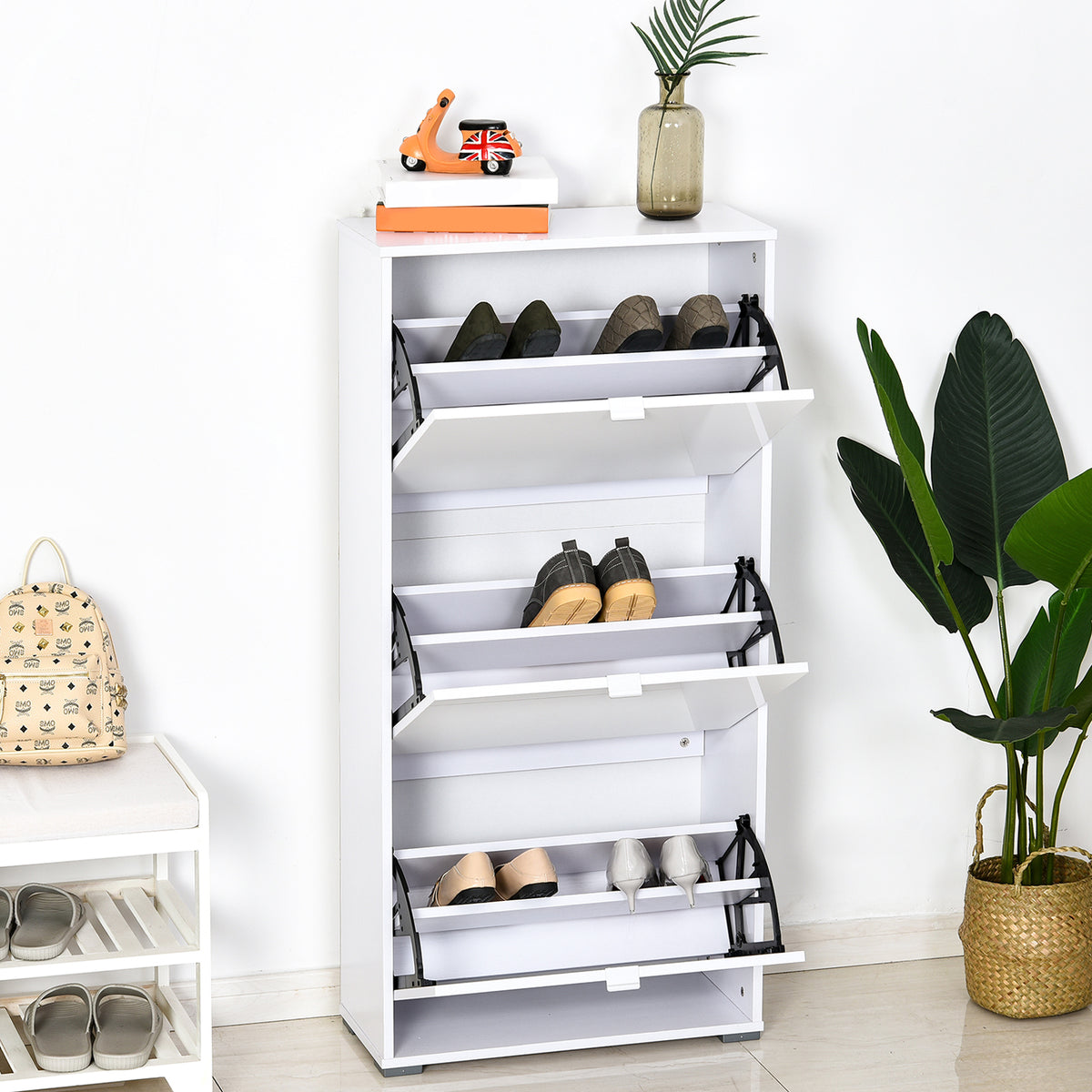 Meuble à Chaussures Armoire à chaussures 3 Portes abattantes 3 Compartiments en bois 60L x 26I x 124H cm Blanc laqué-9