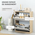 Meuble à chaussures 8 paires, armoire à chaussures étroite, 2 tiroirs rabattables, chêne et blanc-3