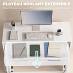 Bureau d'Ordinateur Extensible 100 cm avec 2 Tiroirs, Bureau avec Rangement, Style Moderne, Blanc-3