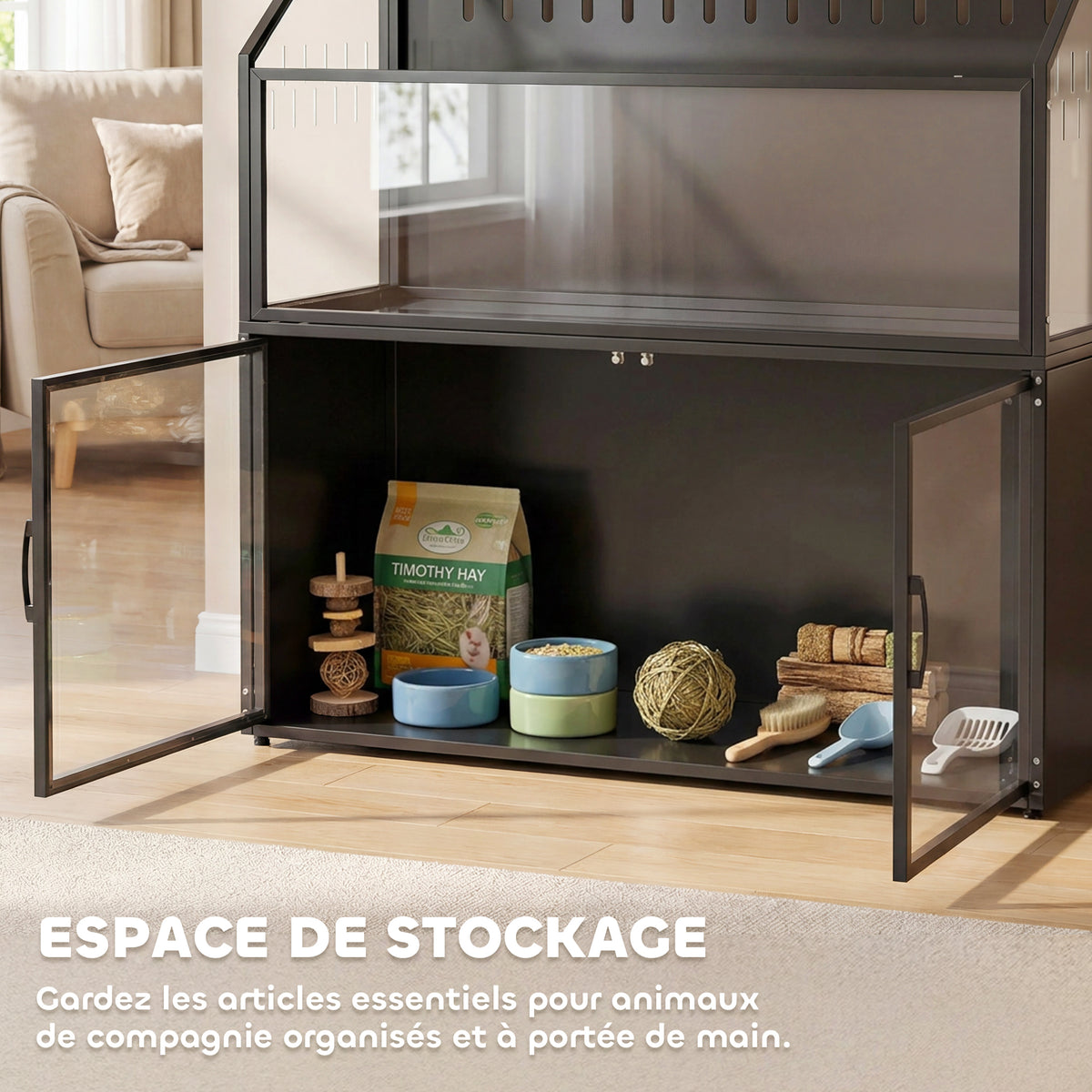 Cage Hamster 2-en-1 avec Armoire de Rangement pour Rongeur Hamster Syrien et Souris Acier et Acrylique Noir-4
