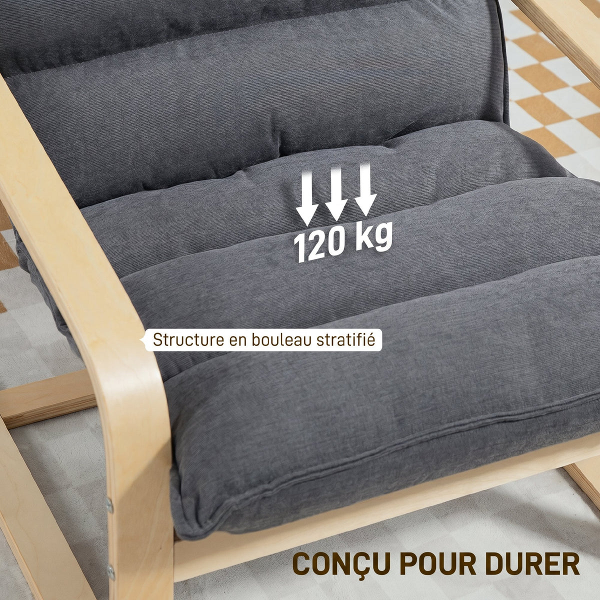 Fauteuil salon fauteuil de loisirs moderne fauteuil chambre avec accoudoirs incurvés, coussins, 67 x 83 x 105 cm, gris-6