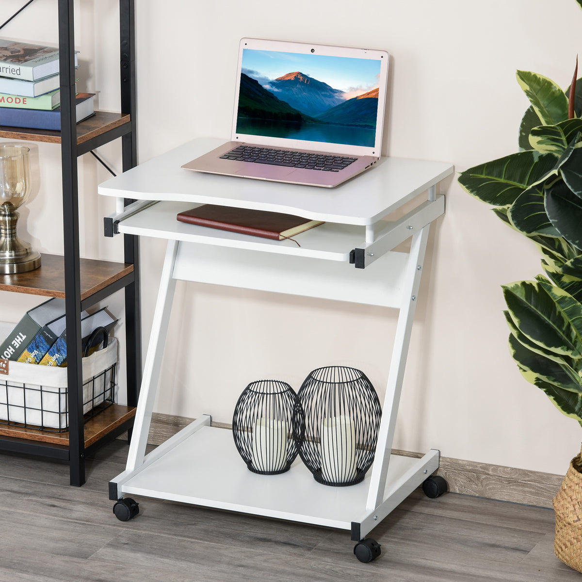Bureau Informatique Roulant - Bureau Mobile - Table d'ordinateur - Tablette coulissante Clavier + étagère - Blanc-1