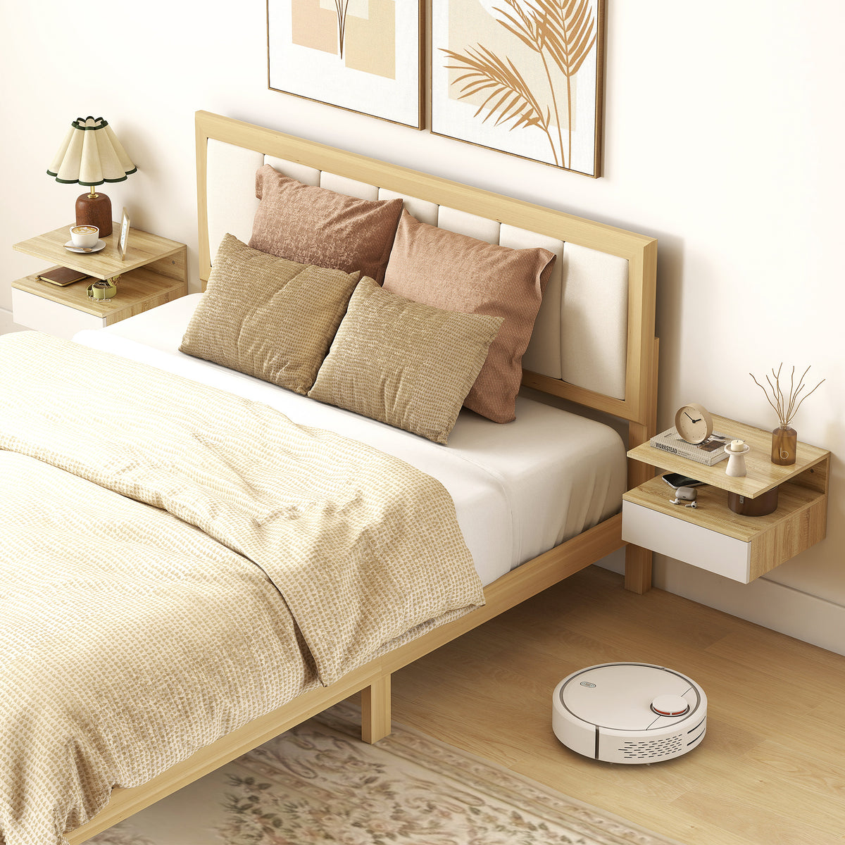 Lot de 2 tables de chevet murales, tables de nuit suspendues avec tiroir, étagère ouverte, 35x32x22,5cm, blanc et chêne-9