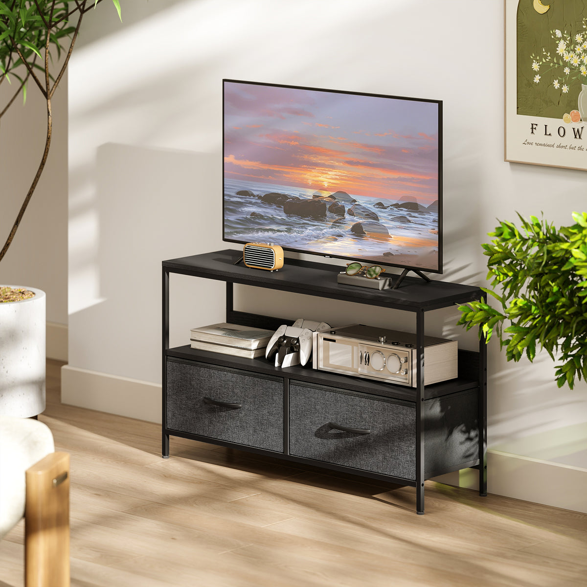 Meuble TV, meuble télé pour téléviseur jusqu'à 47 pouces avec 2 tiroirs et pieds en acier, 98 x 29 x 56 cm, gris foncé-6