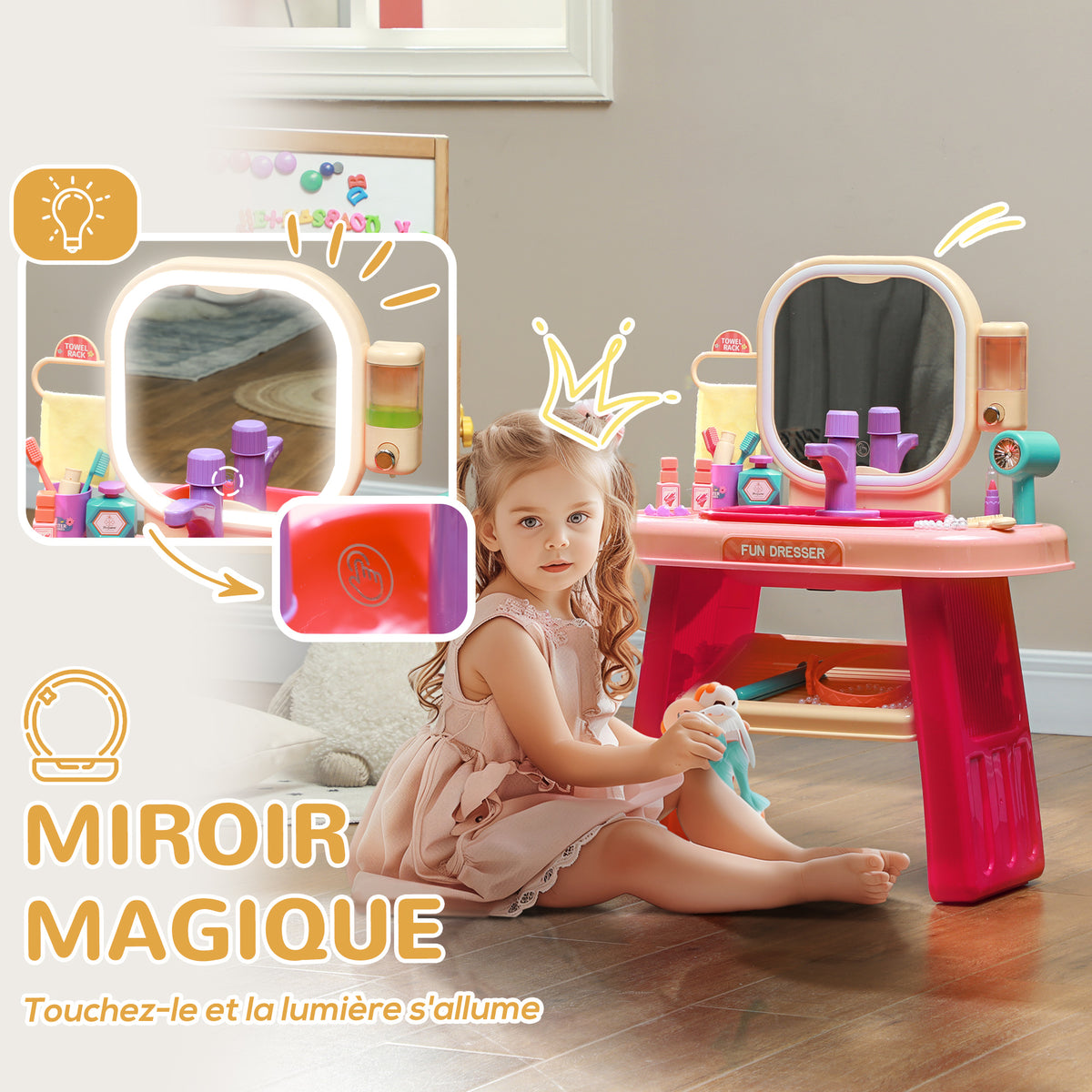 Coiffeuse pour enfants 23 PCS, table de maquillage avec miroir, lumière LED et musique, pour enfants de 3 à 6 ans, rose-3