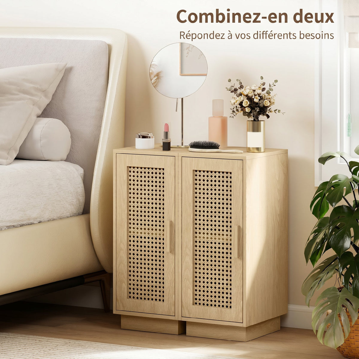 Lot de 2 Tables de Chevet, Étagère Réglable et Porte en Résine Tressée, Style Bohème, 25 x 30 x 60 cm, Bois Naturel-4