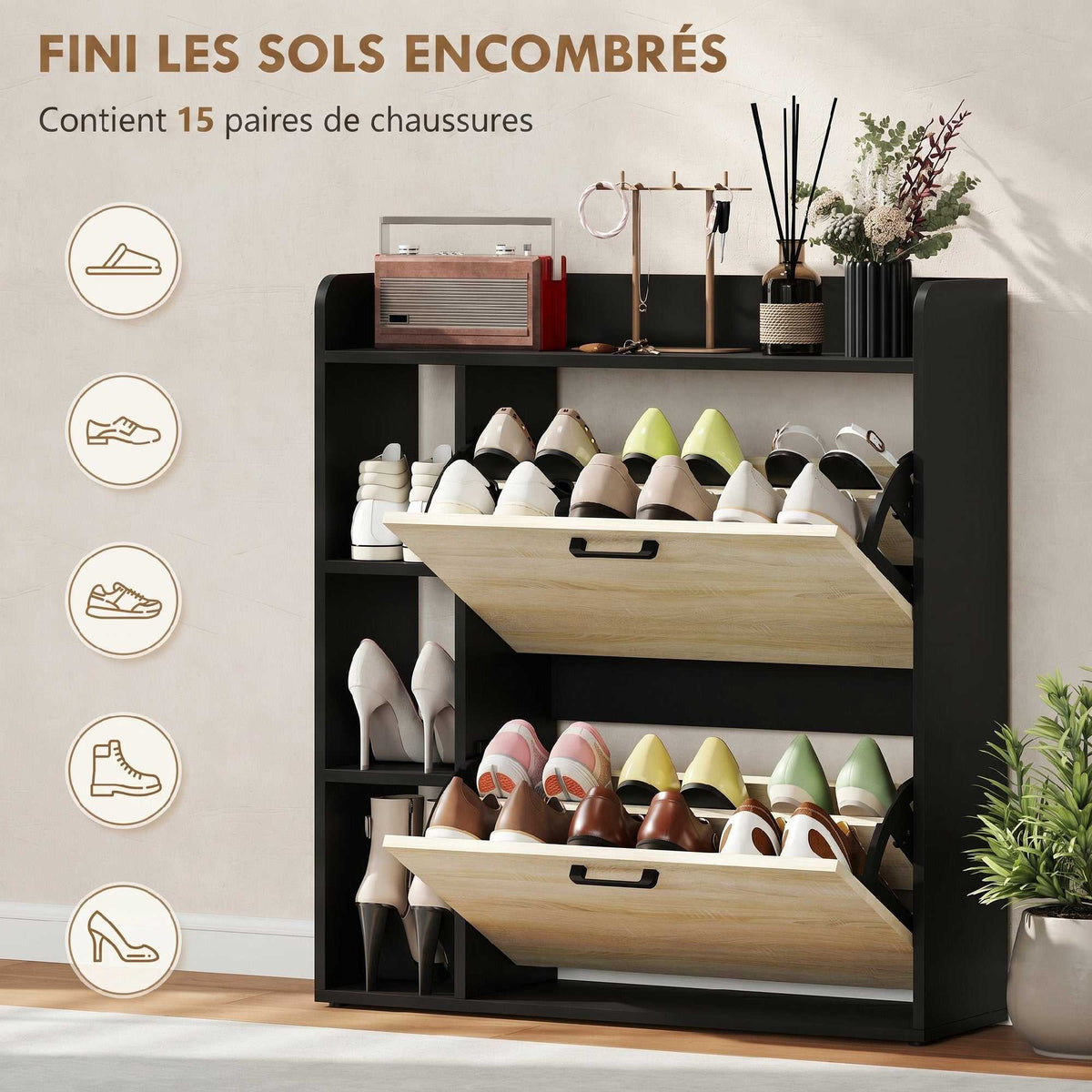 Meuble à chaussures 15 paires, armoire à chaussures moderne avec 2 tiroirs rabattables, 83x24x90,5cm, noir-3