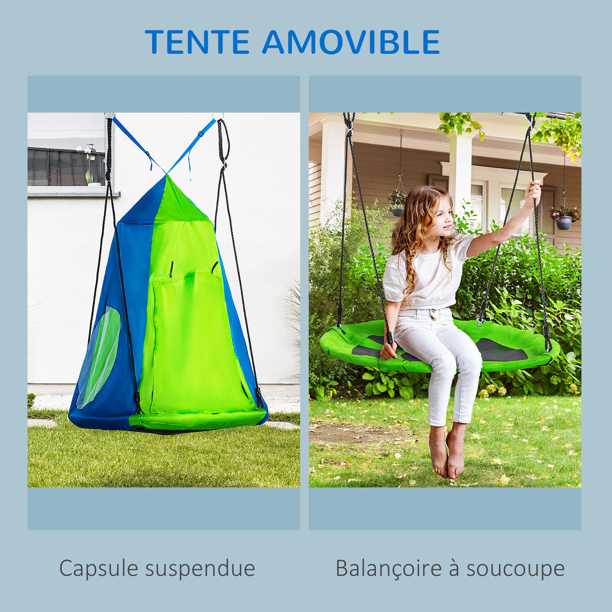 Balançoire nid d'oiseau Ronde avec Tente Amovible Ø 100 cm 4 Anneaux Inclus métal époxy Oxford Haute densité - Vert et Bleu-3