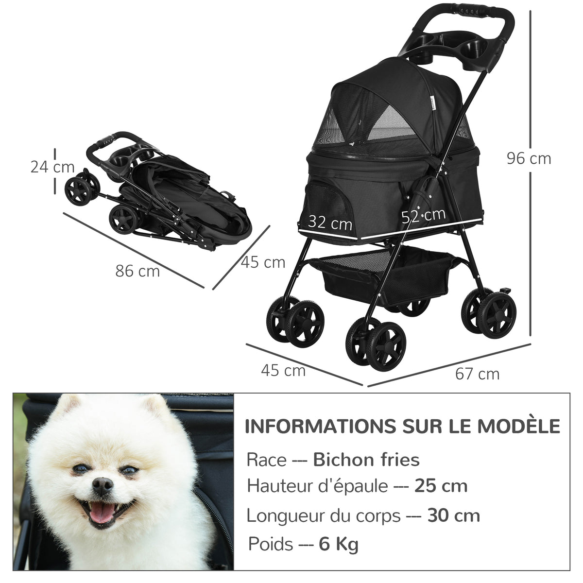 Poussette Buggy Pliable Chien Chat Panier Rangement Porte-Gobelets Tissu 300D Oxford Imperméable 4 Roues Noir-2