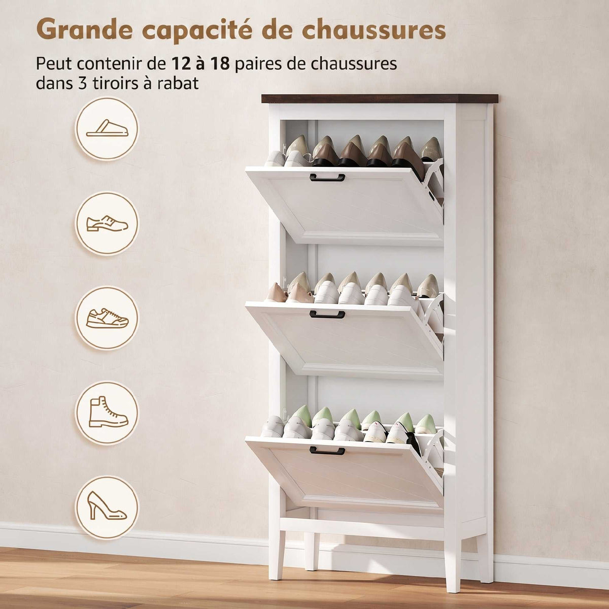 Meuble à chaussures 18 paires, armoire à chaussures étroite avec 3 tiroirs rabattables et étagères réglables, blanc-4