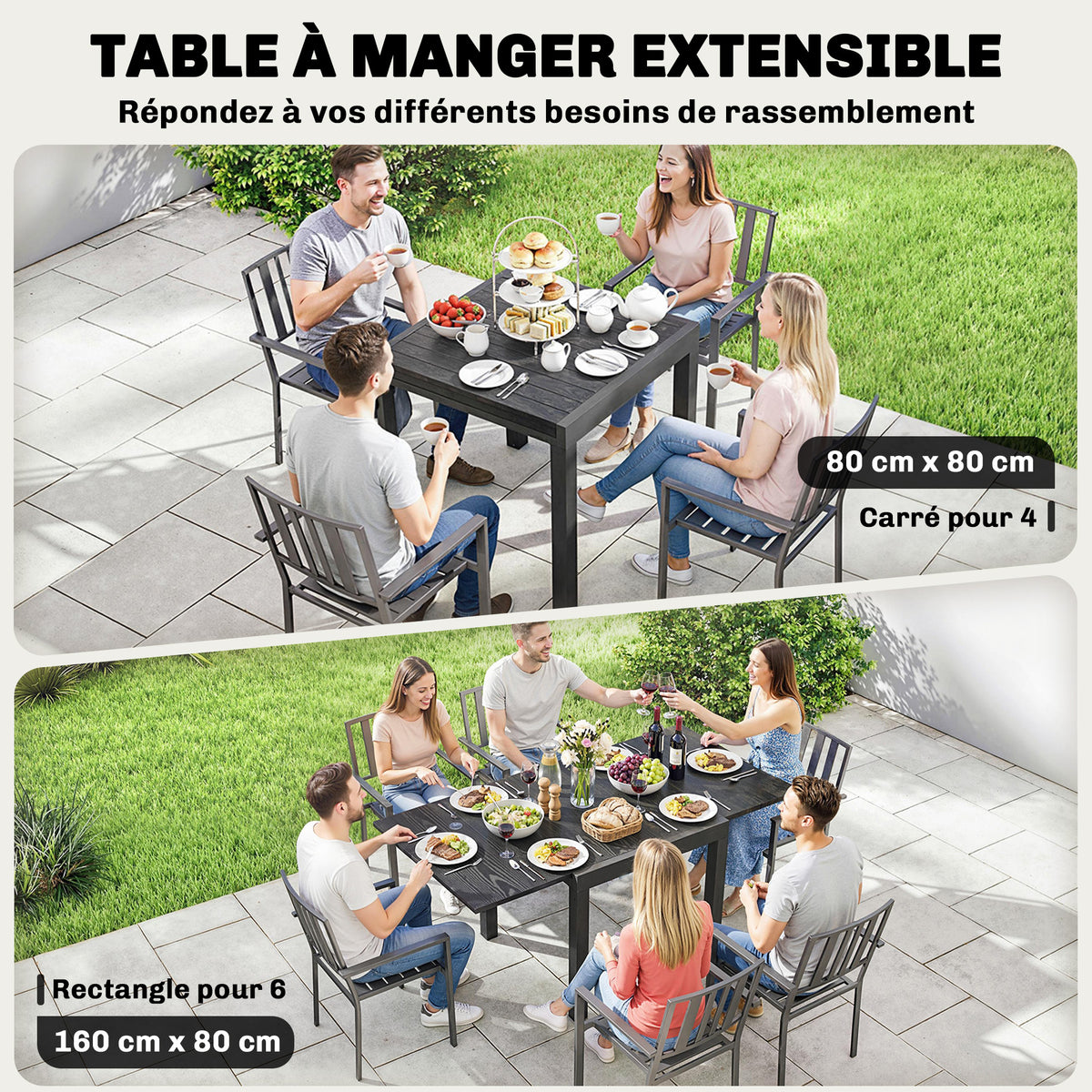 Table de jardin extensible pour 4-6 personnes avec rallonge auto-stockée aluminium avec effet bois 80-160 x 80 cm noir-3