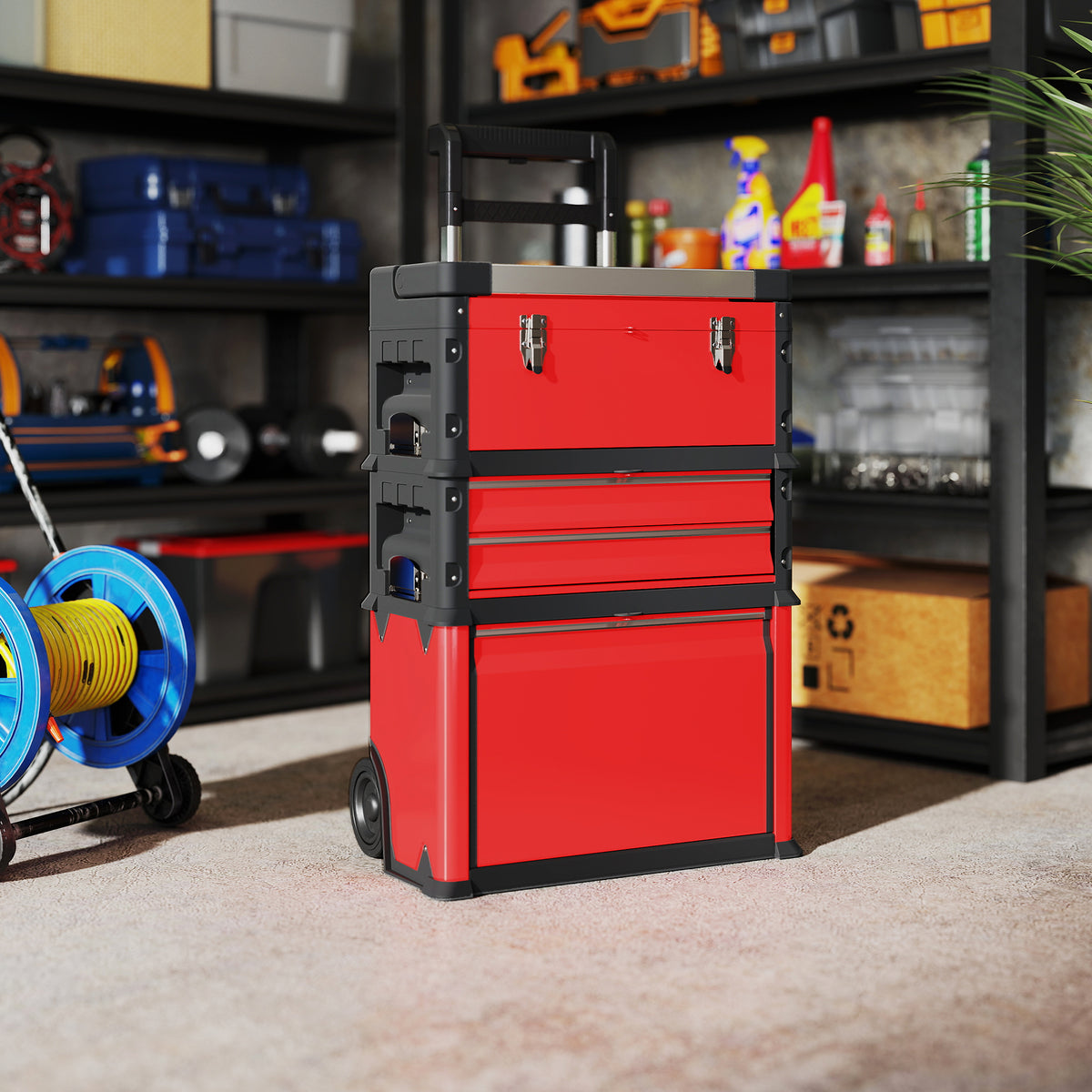 Lot de 3 boîtes à outils sur roulettes empilables et modulaires en acier avec plateau, poignées et serrure, rouge-9