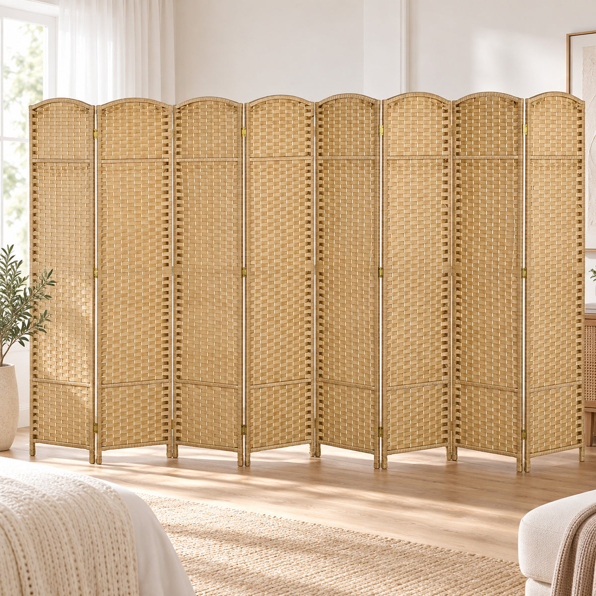 Paravent interieur en bois 8 panneaux 320 x 170 cm séparateur de pièce pliable pour salon, chambre à coucher, naturel-8