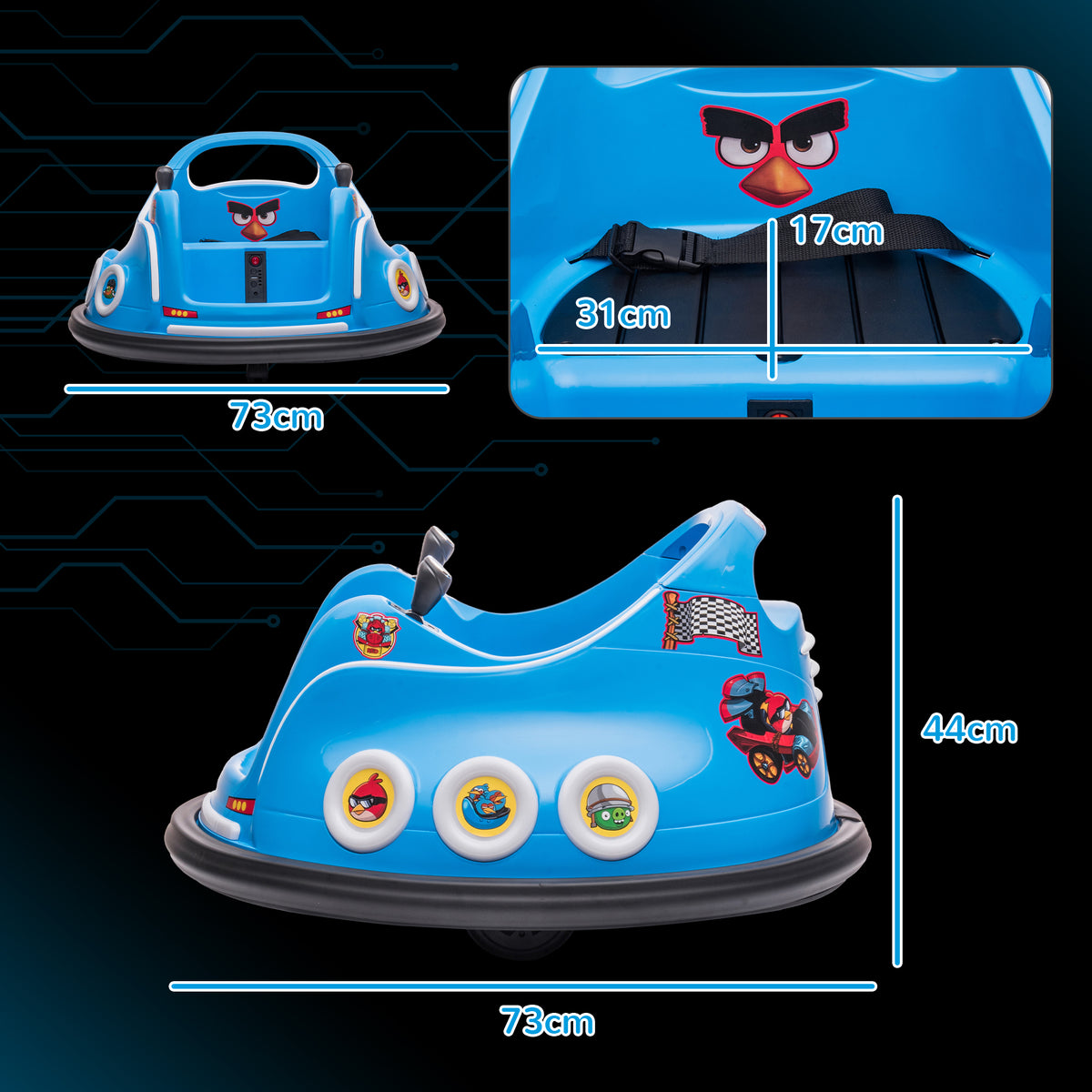 Voiture auto-tamponneuse électrique enfant 12V sous licence Angry Bird, voiture tournante 360°, 73 x 73 x 44 cm, bleu-2