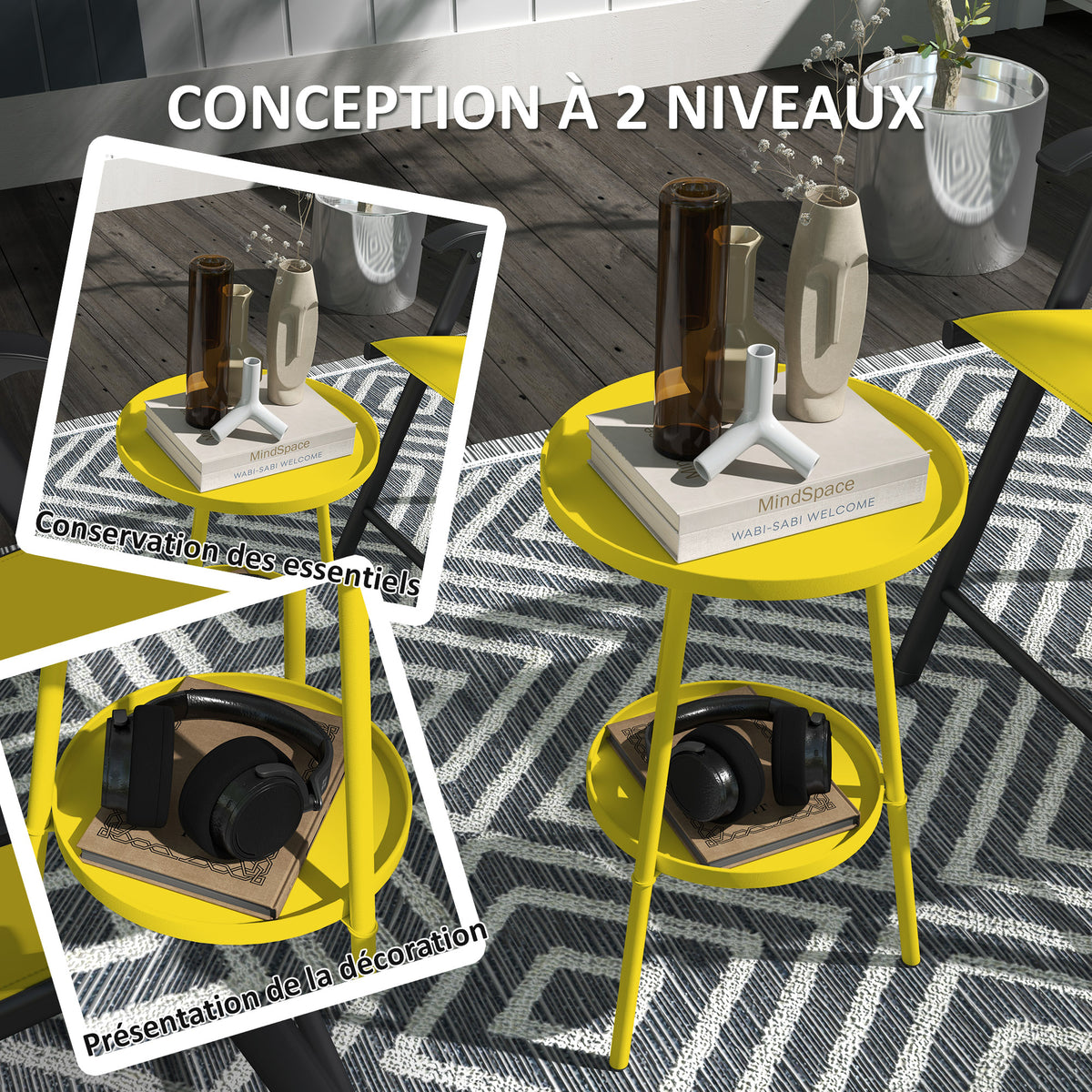 Petite table d'appoint ronde à 2 niveaux table de jardin pour terrasse salon balcon en métal Ø 32 x 51 cm jaune-3
