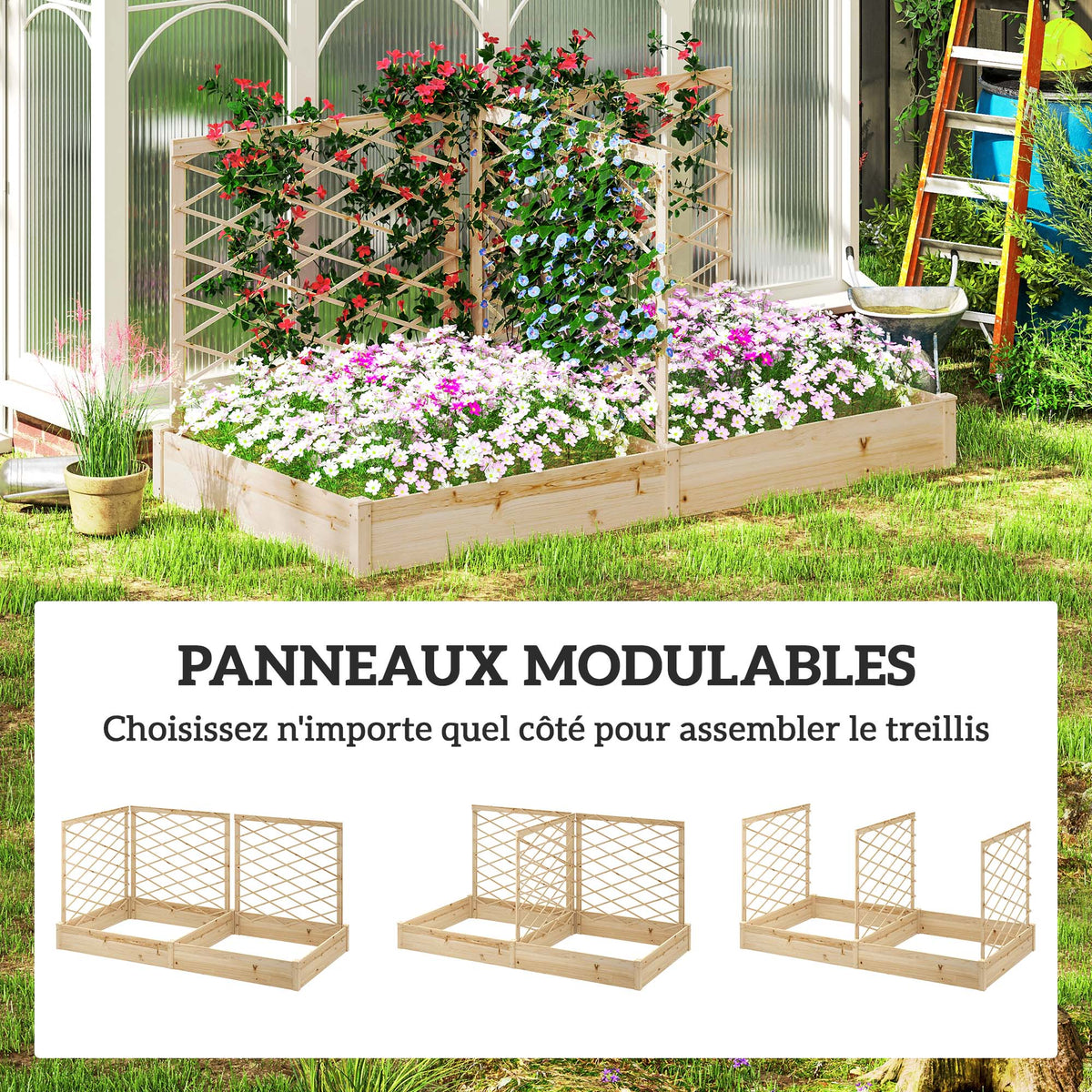 Jardinière avec 3 treillis modulable, bac à fleurs en bois pour balcon terrasse patio, 222x114x109 cm effet bois naturel-4