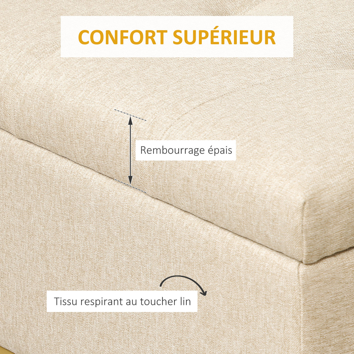 Banc banquette coffre de rangement 2 en 1 assise capitonnée et pieds acier 110 x 44 x 48 cm beige et doré-4