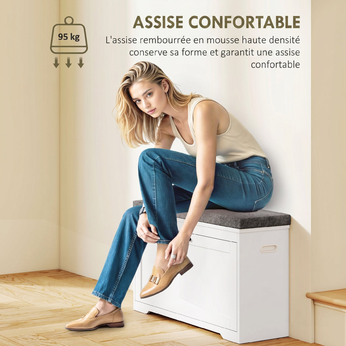 Banc à chaussures, banc d'entrée moderne avec siège rembourré, tiroir basculant et étagère ajustable, 80x30x50cm, blanc-3