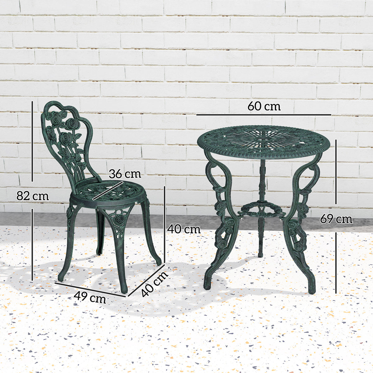 Ensemble Salon de Jardin 2 Places 2 chaises + Table Ronde Style néo-rétro Motif Rose Lignes fuselées Fonte-2