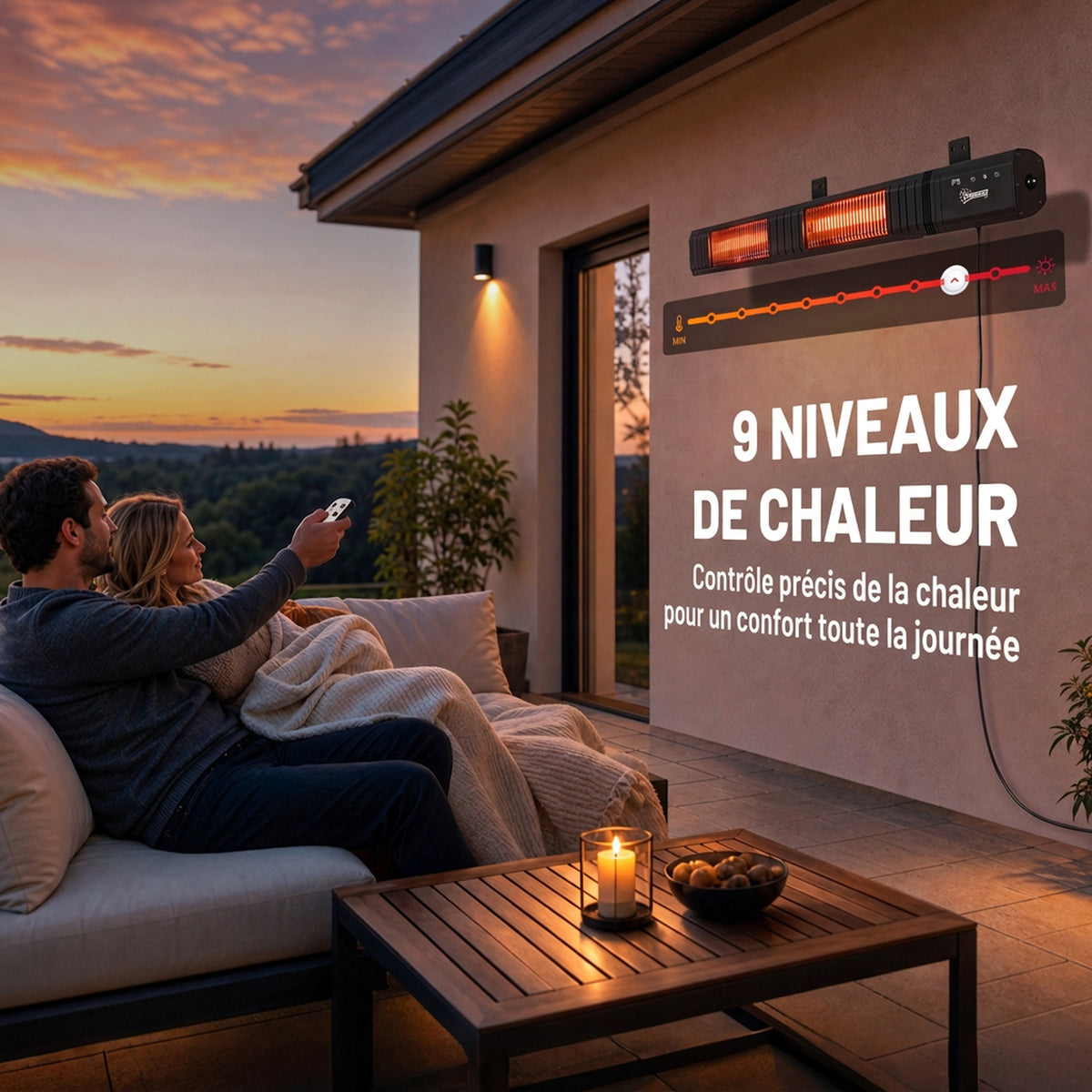 Radiateur Infrarouge 3000W Mural IP65, Télécommande, Écran Tactile LED, Minuterie, 9 Niveaux, 102,4x10x5,5cm, Noir-4