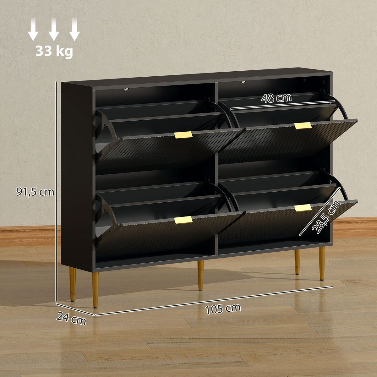 Meuble à chaussures 20 paires avec 4 tiroirs rabattables, portes cannelées et étagères réglables, 105x24x91,5cm, noir-2