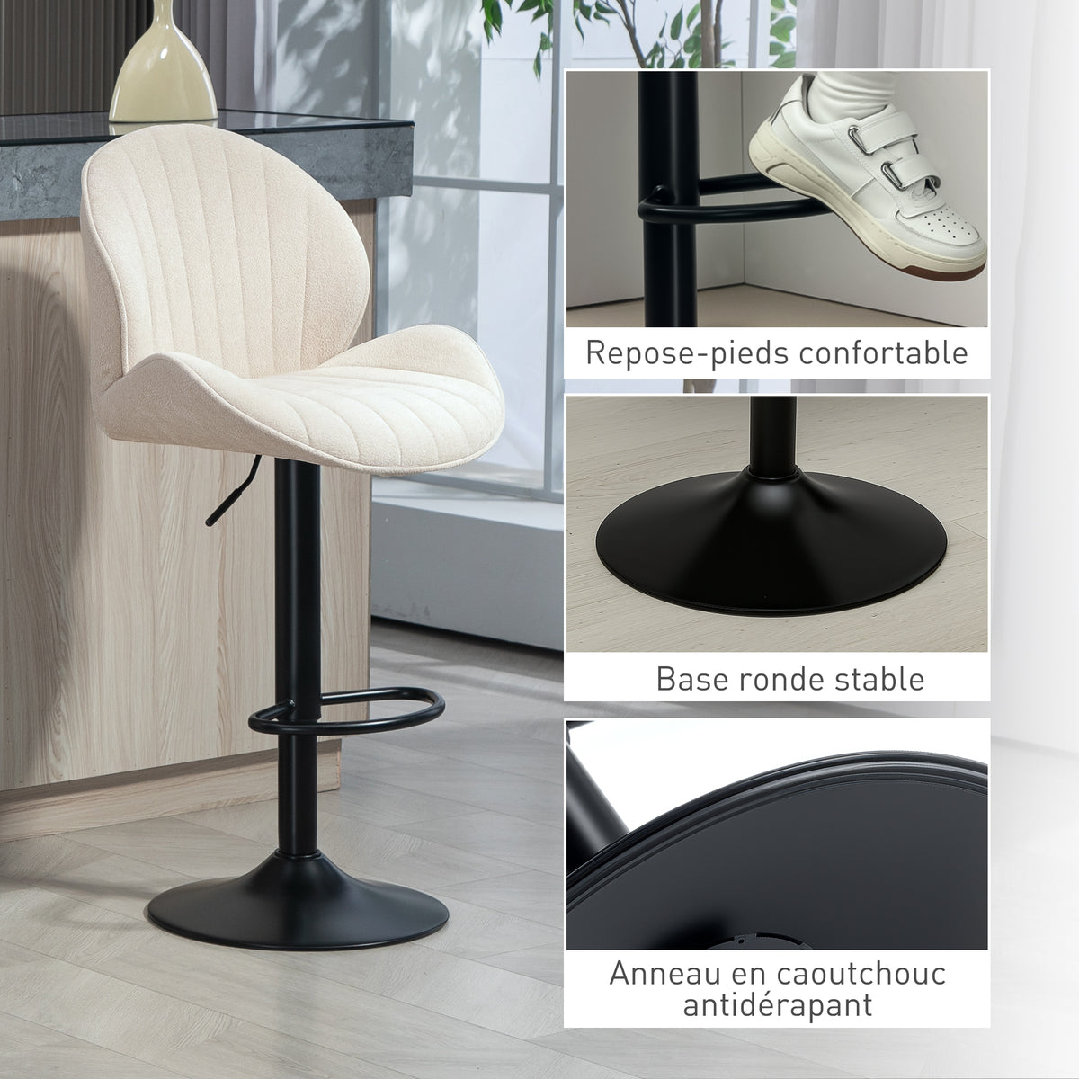 Lot de 2 tabourets de bar forme de coquillage, dossier, hauteur réglable et repose-pieds, cadre en acier, beige-8