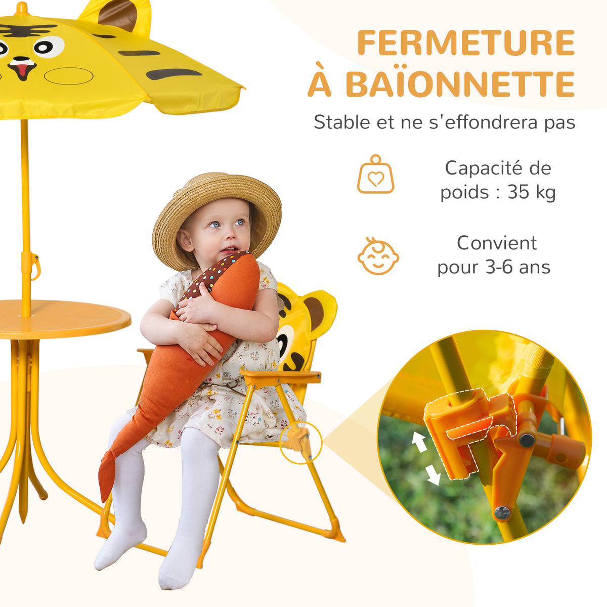 Ensemble Salon de Jardin Enfant 4 pcs Design Tigre - Table Ronde + 2 chaises Pliables + Parasol - métal époxy Oxford Jaune-6