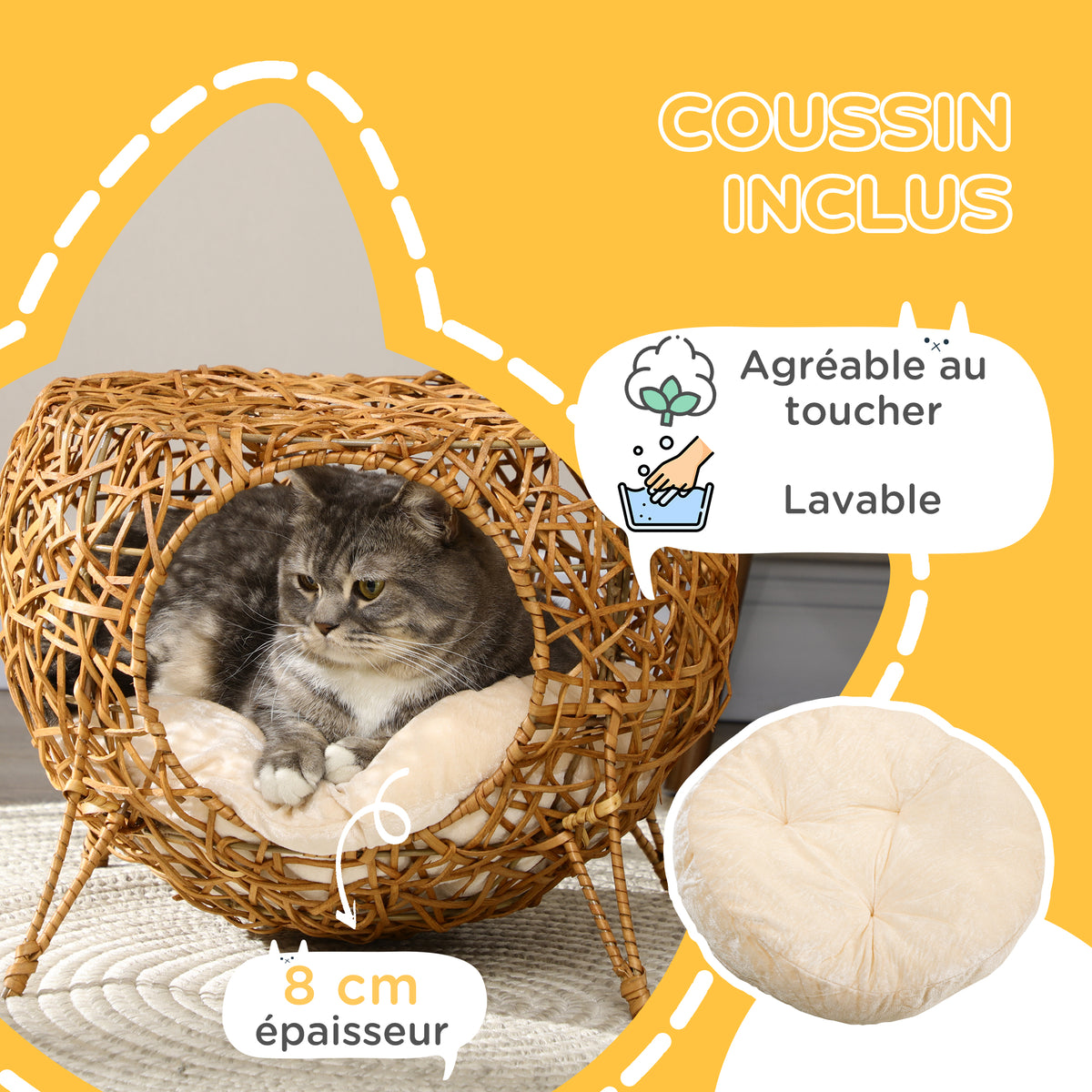 Niche pour chat lit pour chat panier chat maison de chat en rotin coussin épais Ø 40 x 32 cm marron clair-4