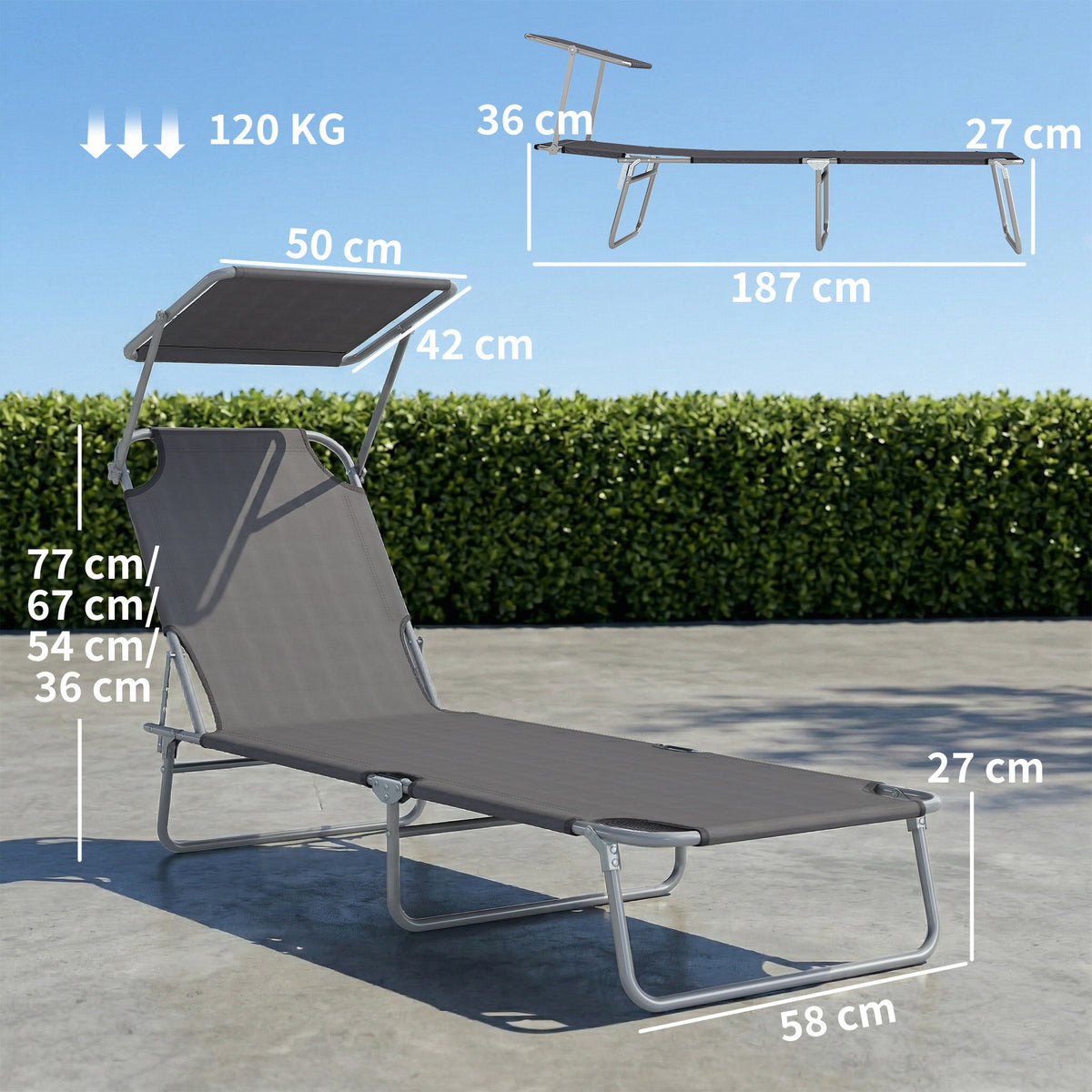 Transat Bain de Soleil Pliable Chaise Longue Pliante Grand Confort Dossier Inclinable Multi-positions et Pare-Soleil réglable Dim. 187L x 58l x 36H cm Gris-2