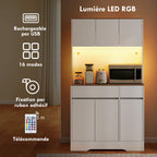 Buffet cuisine meuble cuisine rangement haut avec lumière LED RGB, plan de travail, 6 portes, 2 tiroirs, blanc-3