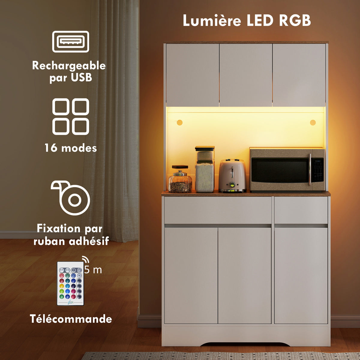 Buffet cuisine meuble cuisine rangement haut avec lumière LED RGB, plan de travail, 6 portes, 2 tiroirs, blanc-3
