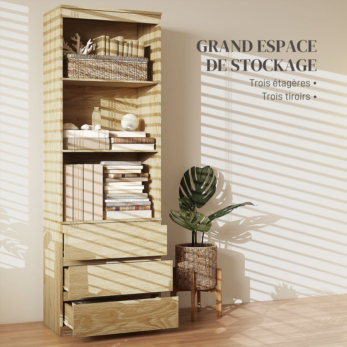 Bibliothèque haute de 180 cm avec 3 étagères et 3 tiroirs dim. 60L x 35l x 180H cm Panneaux Particules effet bois-3