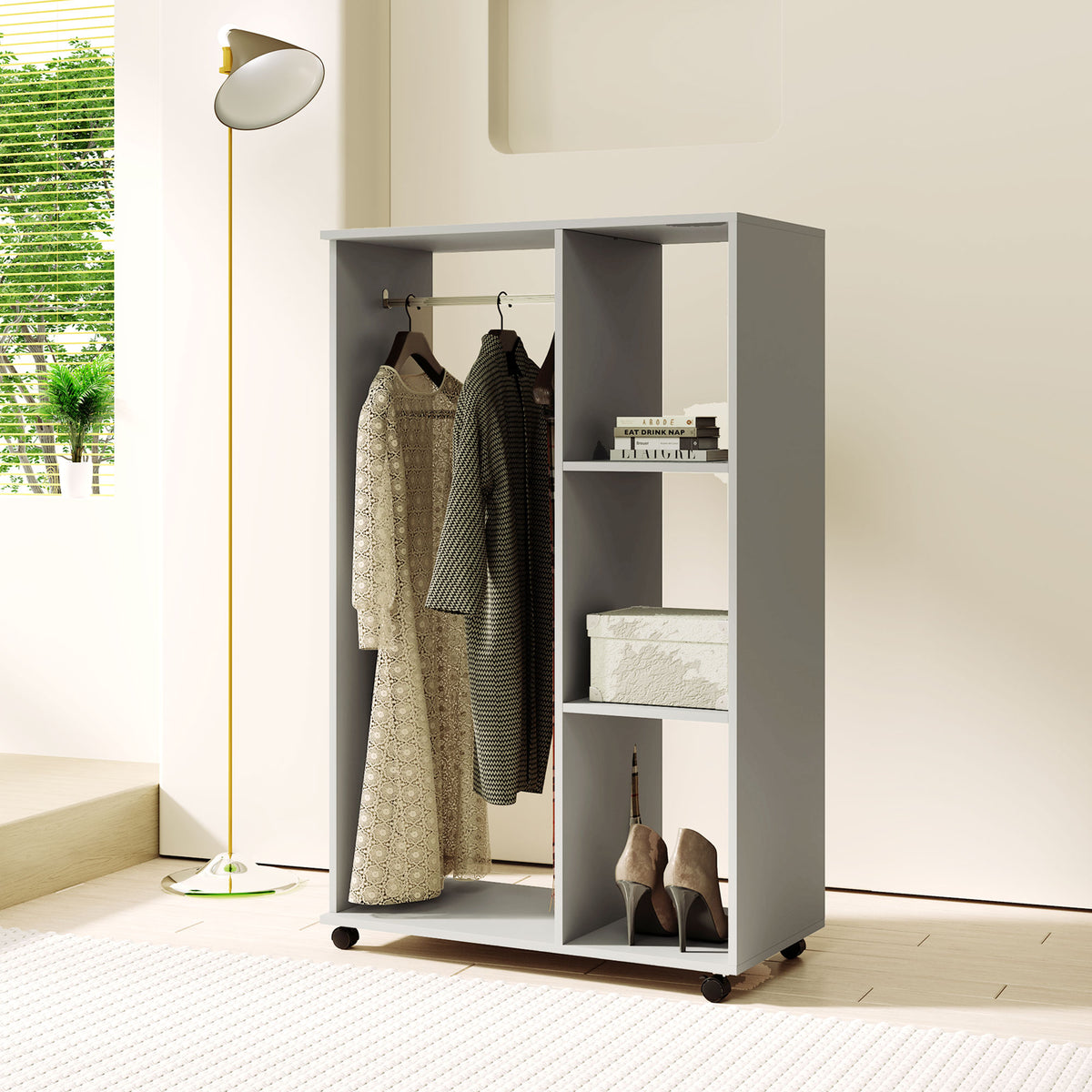 Armoire penderie meuble de rangement mobile 4 roulettes avec tringle à vêtements et étagères ouvertes, gris-7