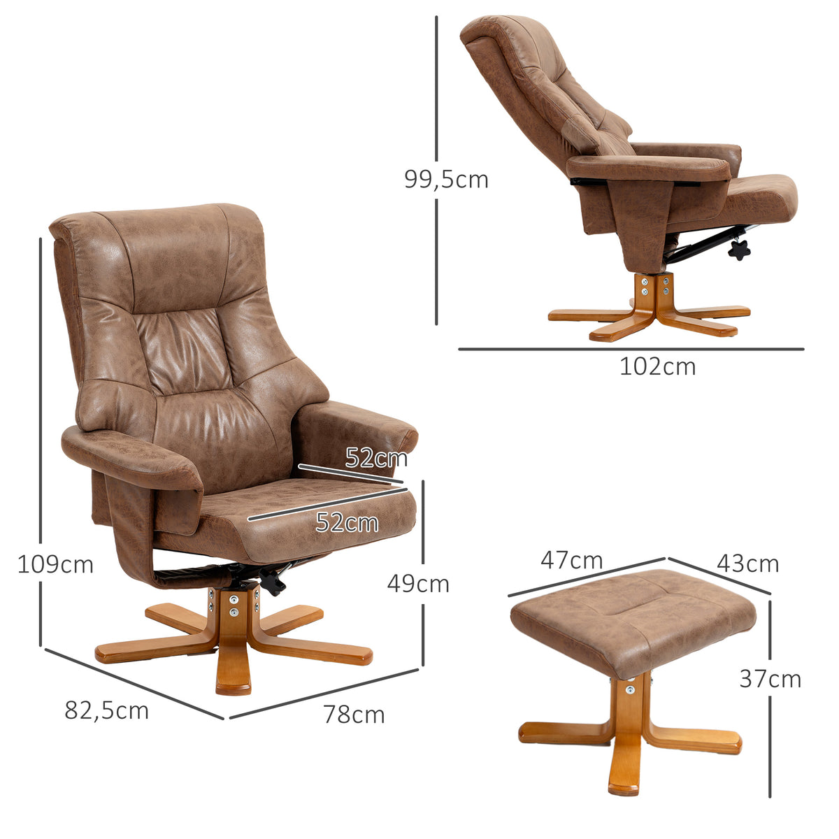 Fauteuil relax inclinable 135° pivotant 360° avec repose-pieds revêtement microfibre marron-2