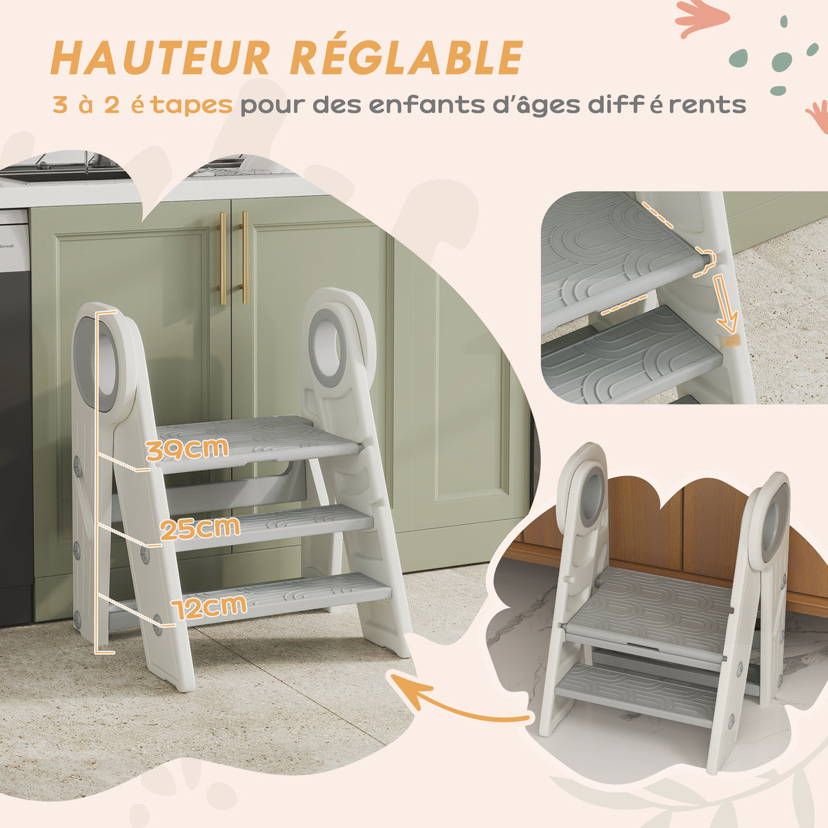 Marche pied pour enfant 3 marches, marchepied de cuisine pour enfant, pliable, hauteur ajustable de 2 à 3 marches, gris-4